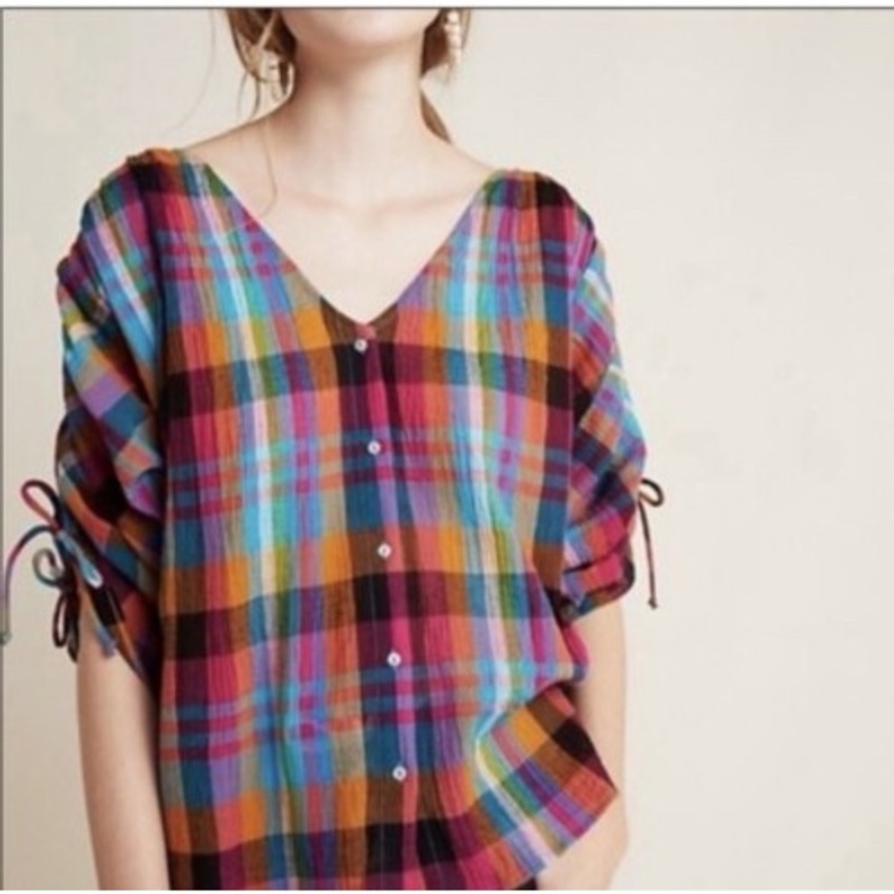 Maeve Anthropologie Amanda Blouse Womens XS Multicolor Plaid Boho Button Top